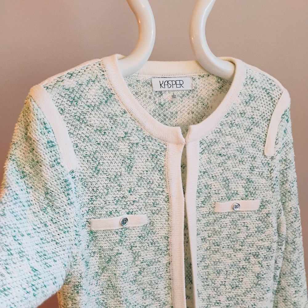 Kasper Teal/Ivory Open Cardigan Small